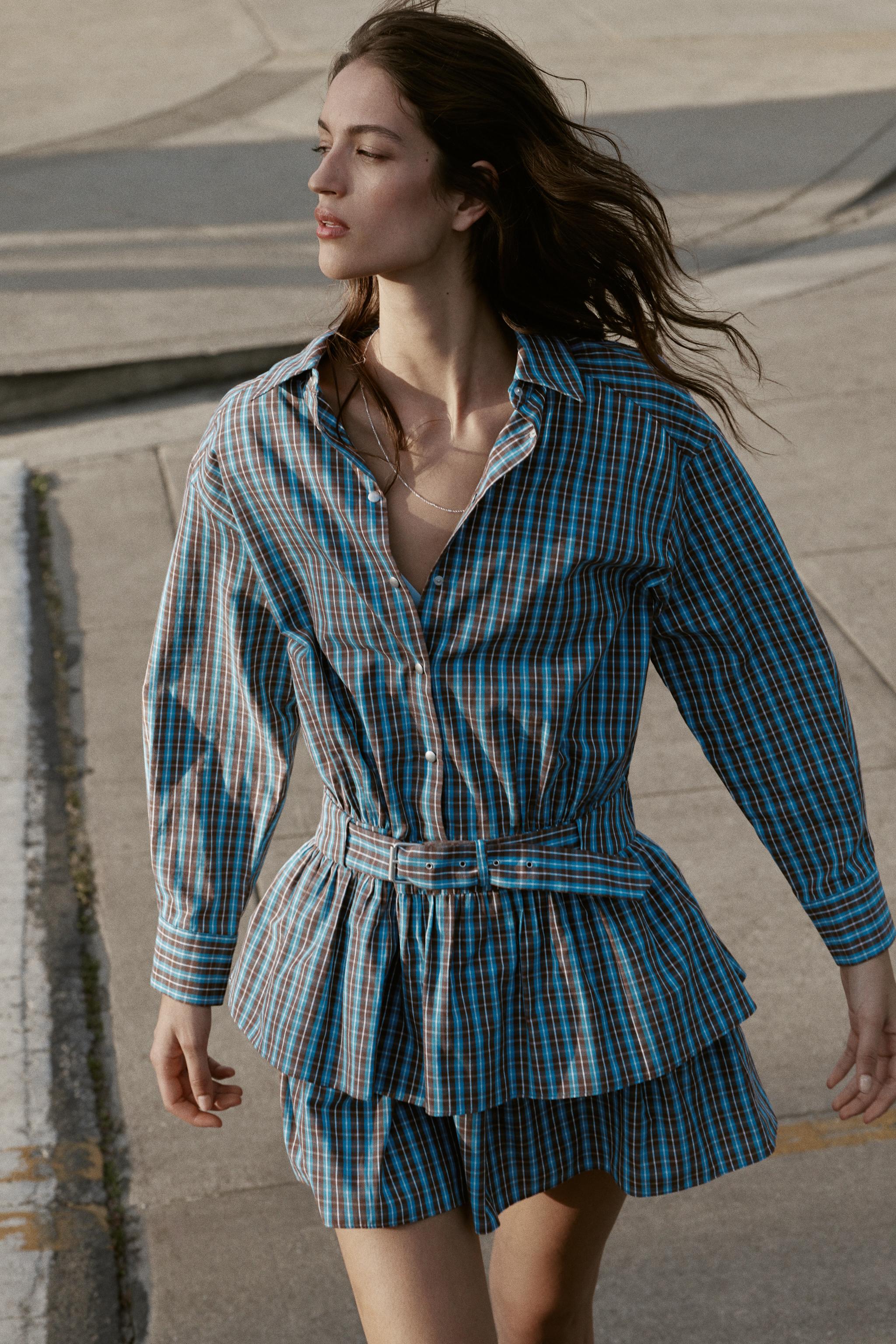 PLAID RUFFLED BELTED SHORT DRESS